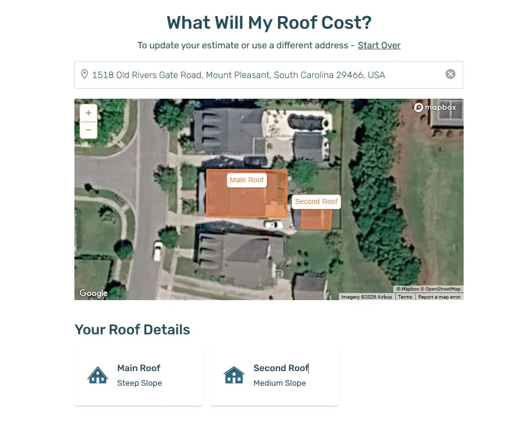Satellite roof measurement tool showing a Northern Virginia home with roof sections highlighted and measured