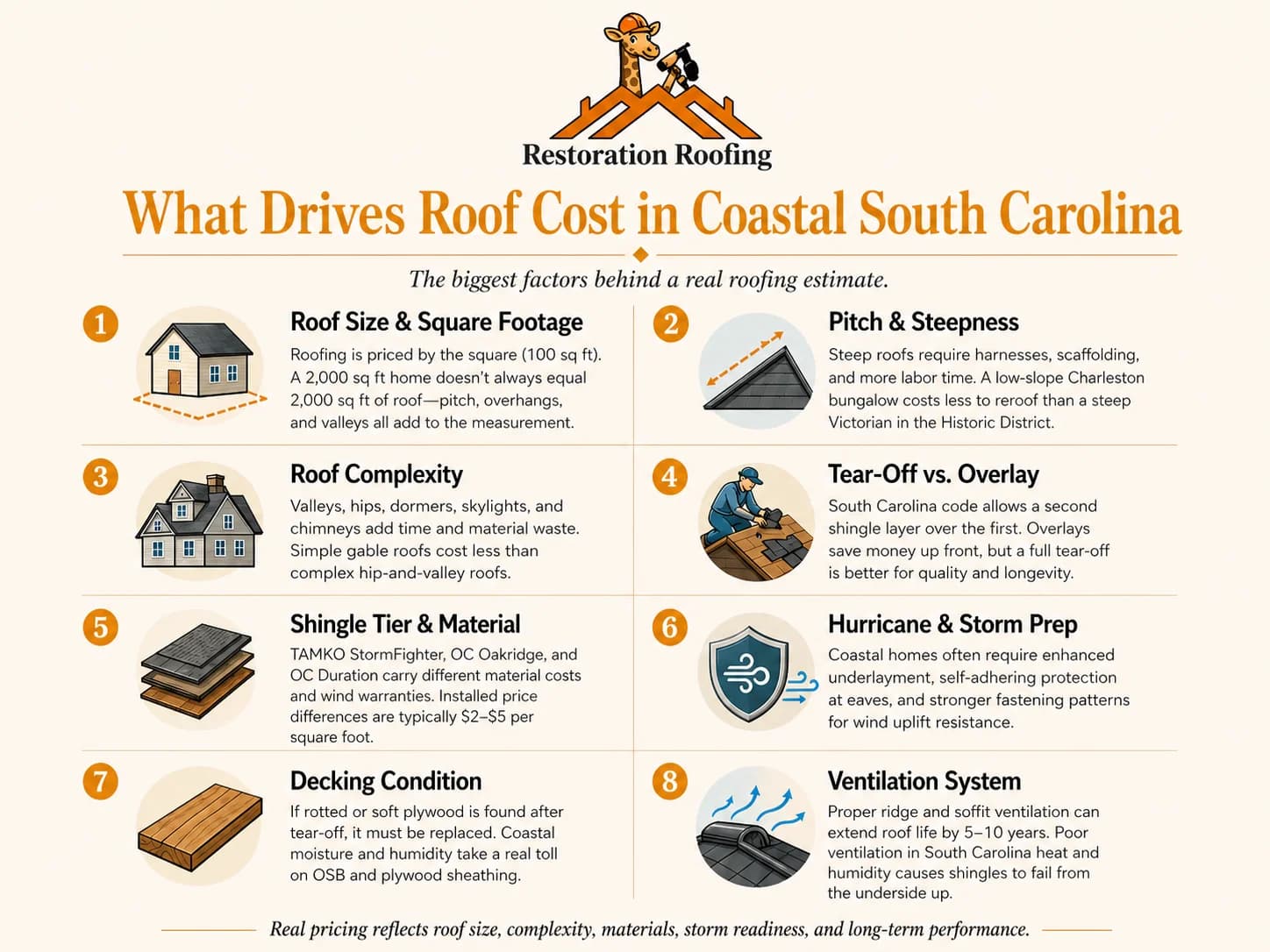 What drives roof cost in Northern Virginia — 8 factors: roof size, pitch, complexity, tear-off vs overlay, shingle tier, hurricane prep, decking condition, and ventilation
