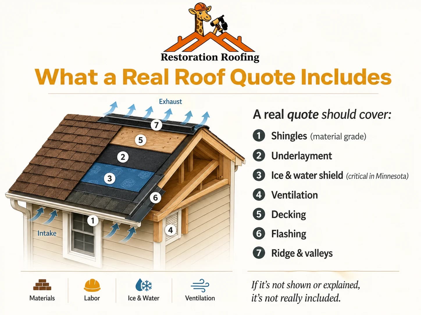 What a real roof estimate includes — diagram showing 7 components: shingles, underlayment, ice & water shield, ventilation, decking, flashing, and ridge & valleys